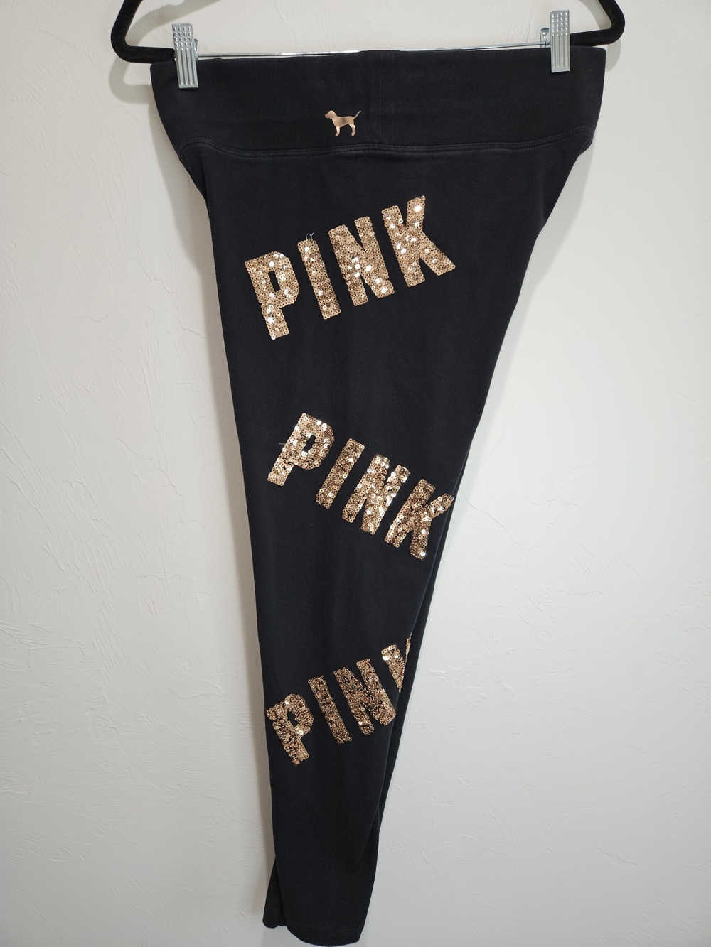 Victoria's Secret PINK Black Sequin Logo Rose Gold Leggings Women's Large - Picture 2 of 13
